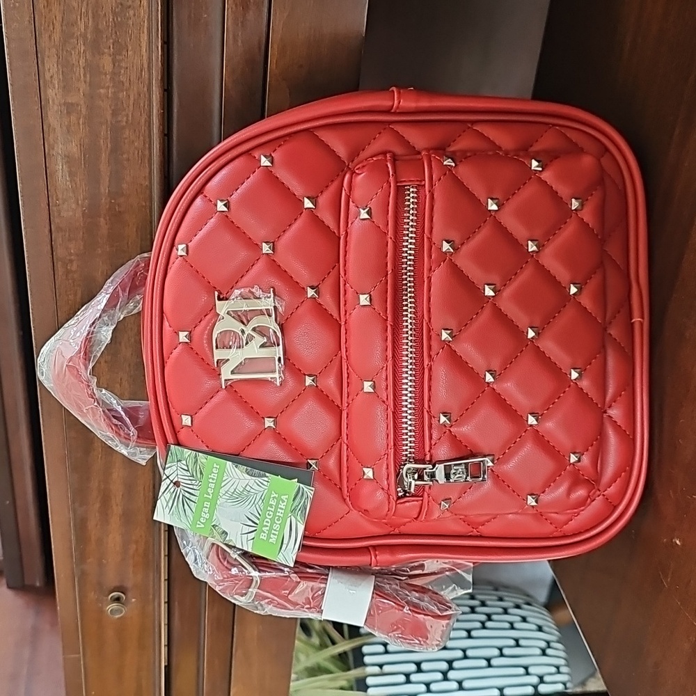 NWT Badgley Mischka Backpack Purse Vegan Leather Studded Bag Red